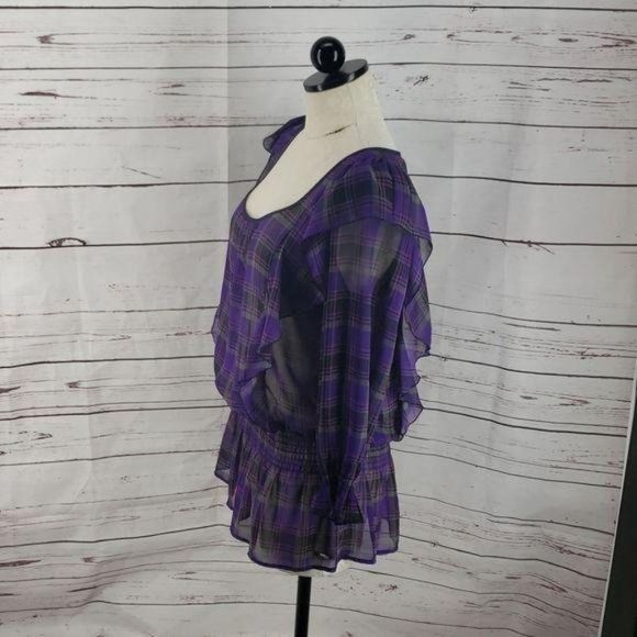 Candies‎ Purple Plaid Drop Waist Sheer M Blouse - Picture 4 of 6